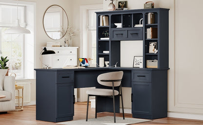 L-Shaped Computer Desk with 2 Cabinets and 2 Drawers, 11 Open Shelves and 1 R...