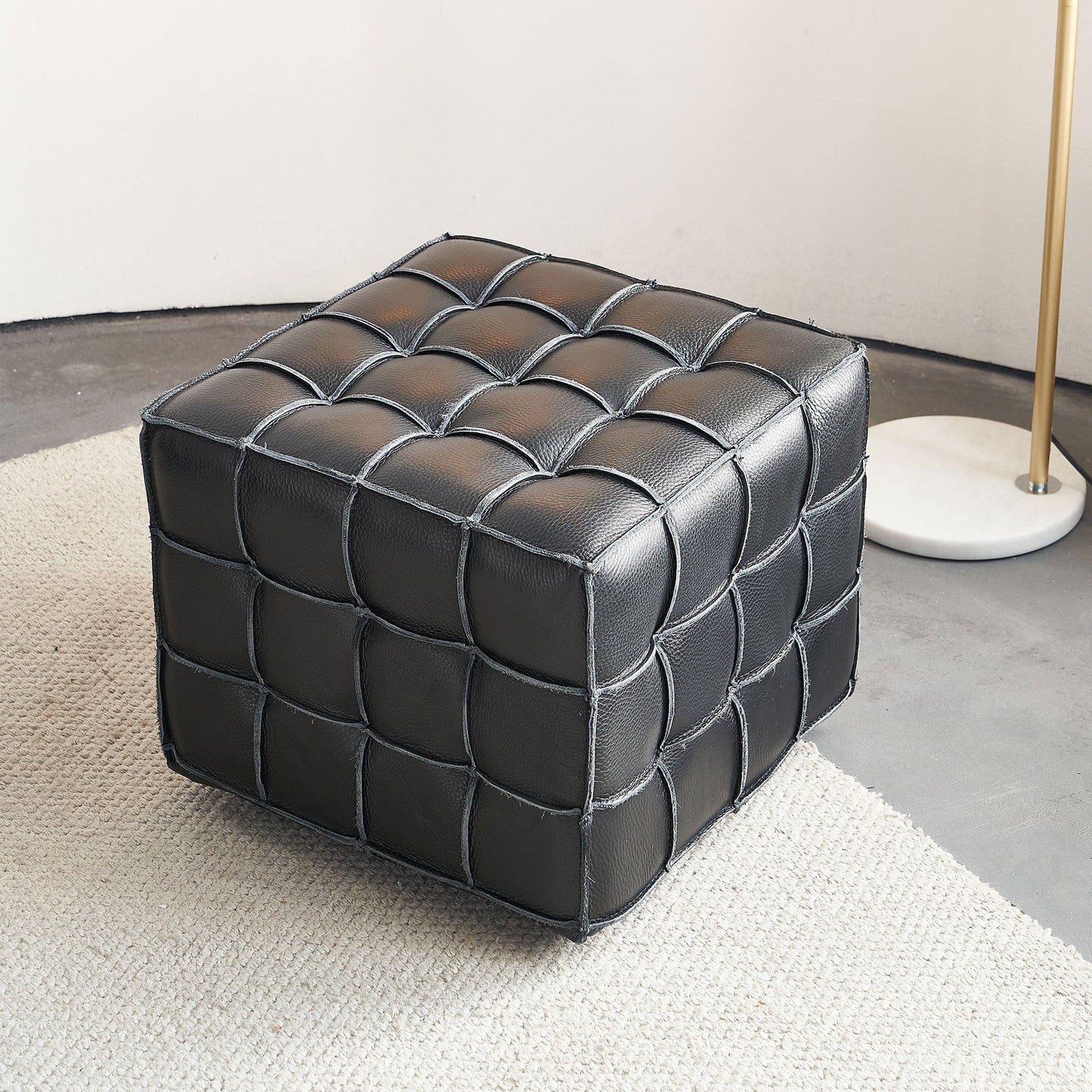 17.32'' Quality Leather Tufted Ottoman Footstool for Living Room, Black