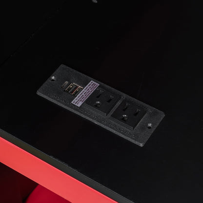 Full Size Wood Loft Bed with Desk, Multi-storage Shelves,USB and RGB Light, Red