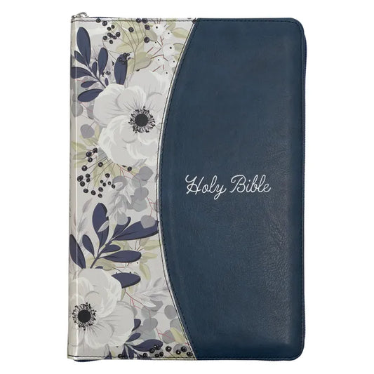 KJV Holy Bible, Thinline Large Print Faux Leather Red Letter Edition Thumb Index Ribbon Marker, King James Version, Blue Printed Floral, Zipper Closur - Leather
