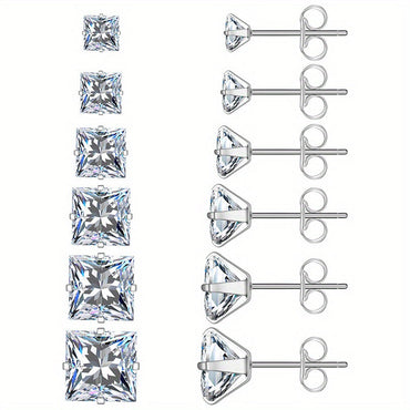 316 Stainless Steel Square Stud Earrings with Cubic Zirconia Accents