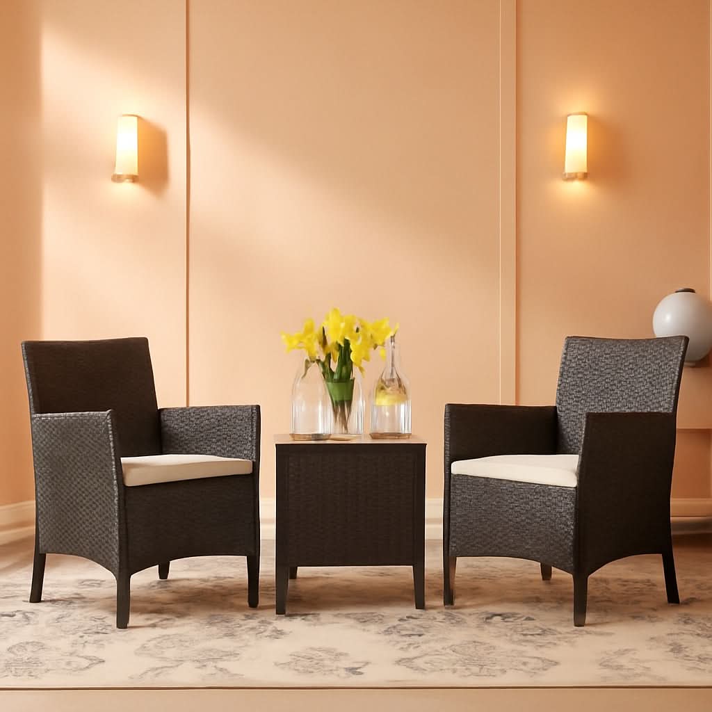 3 Piece PE Rattan Patio Set With Glass Table Brown