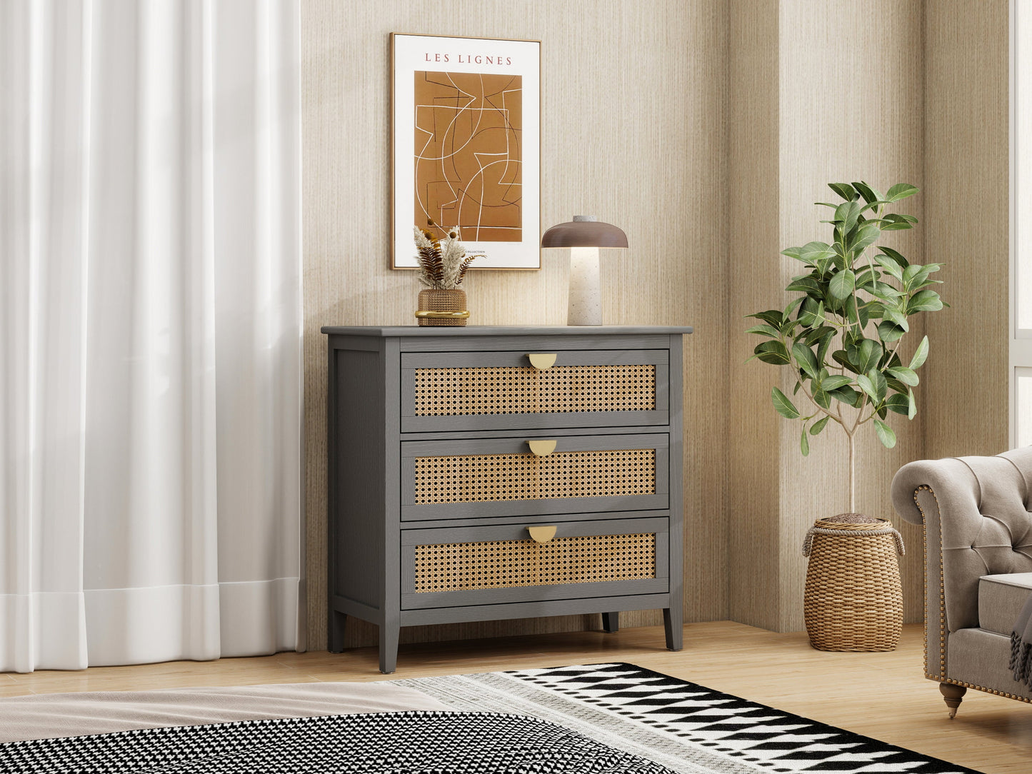 3-Drawer Cabinet - Natural Rattan - Suitable for Bedroom, Living Room, or Study