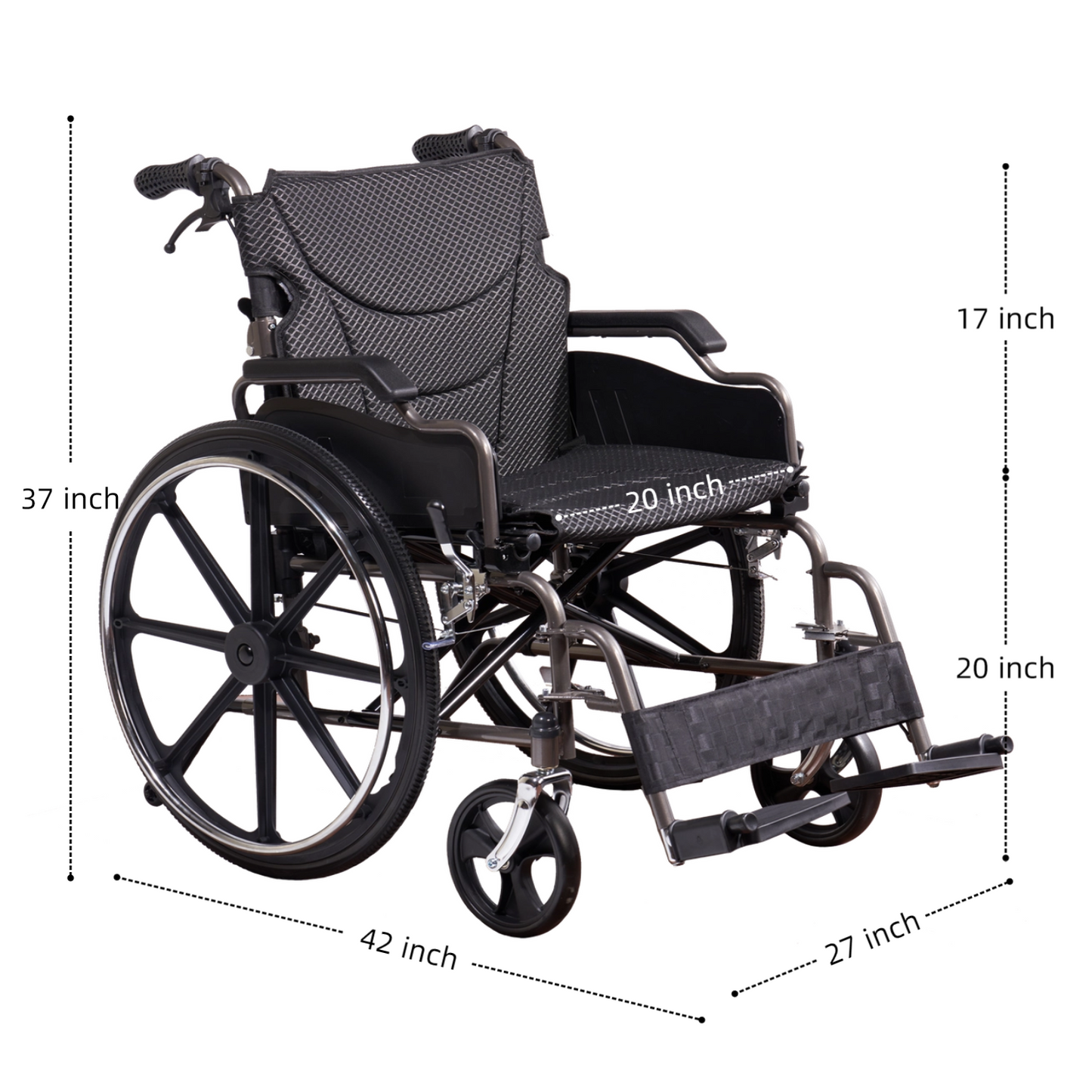 Wheelchair Manual Transport Folding Carbon Steel 20 In Seat Locking Brakes