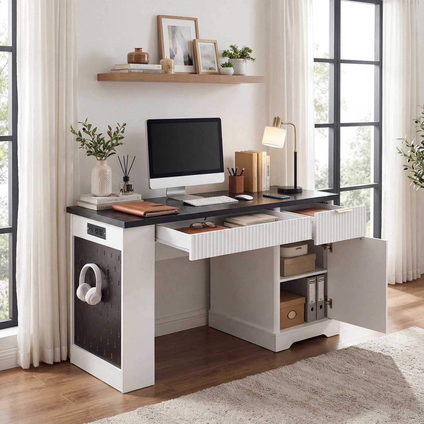 55' Modern Fluted Office Desk with Storage Cabinet and Drawers, Computer Writ...