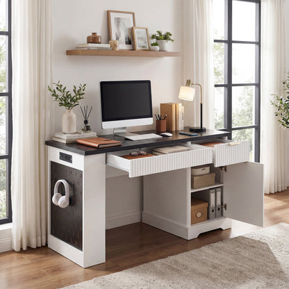55' Modern Fluted Office Desk with Storage Cabinet and Drawers, Computer Writ...