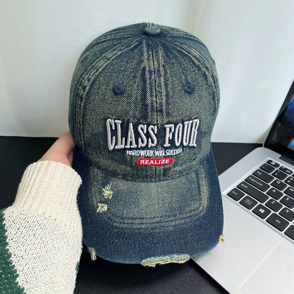 Monochrome Three-dimensional Letter Embroidered Frayed Beveled-edge Washed-out Vintage Style Casual Baseball Cap Suitable For Outdoor Entertainment