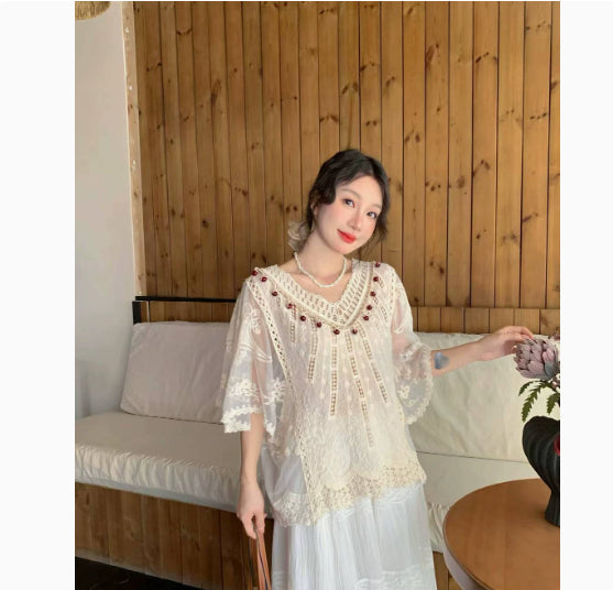 Womens Fashion Embroidered Hollow Lace Short-Sleeve Shirt