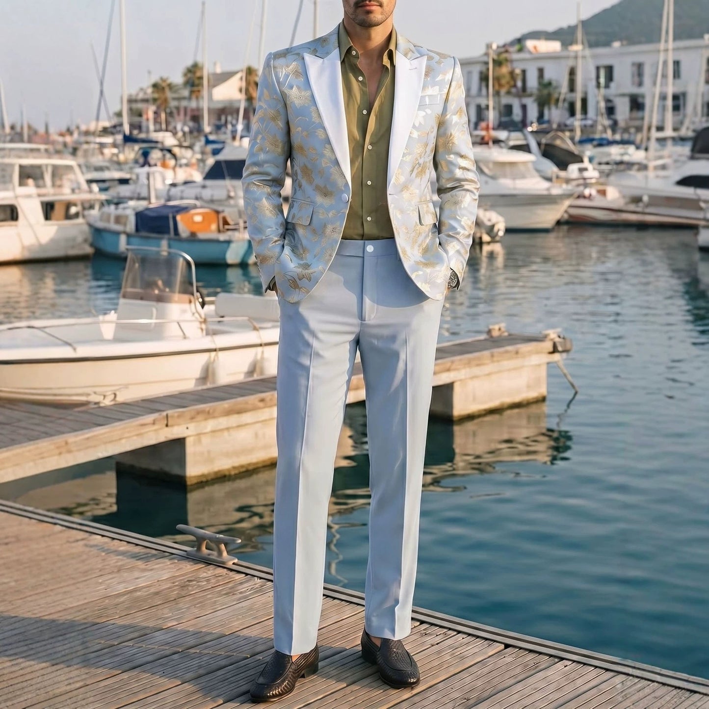 Mens Banquet Dress Gold-Embossed Suit Set