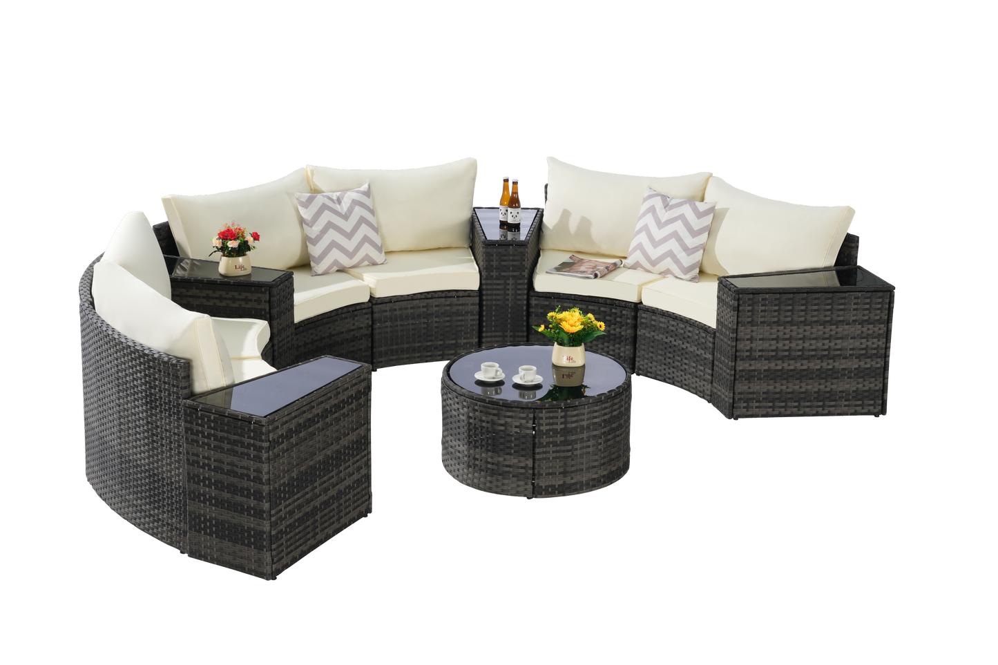 Outdoor Sectional Set PE Rattan Beige Half Moon 11pc