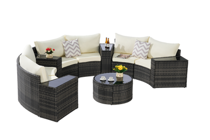 Outdoor Sectional Set PE Rattan Beige Half Moon 11pc