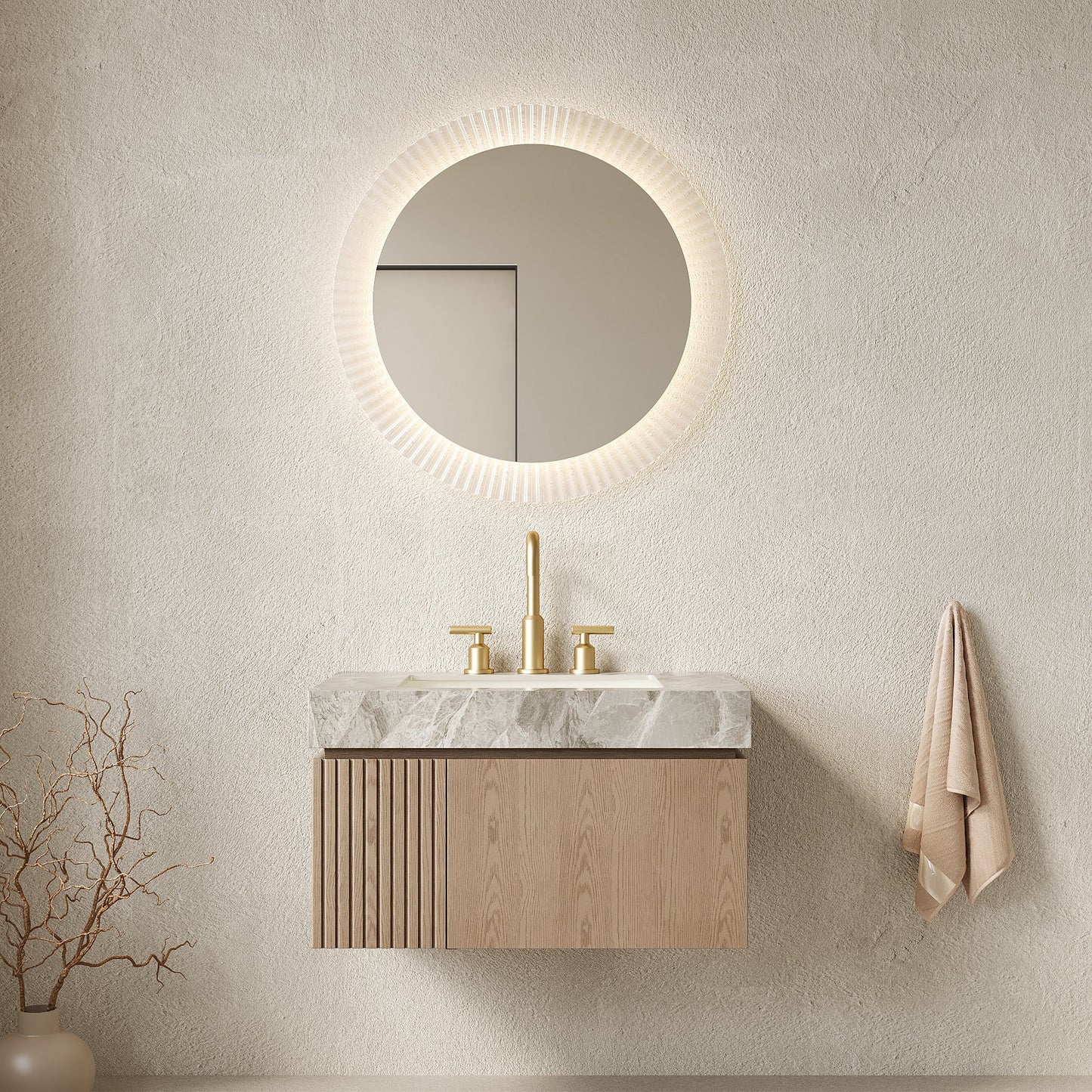 30' Floating Bathroom Vanity with Sintered Stone Top and Ceramic Basin, Heidelberg