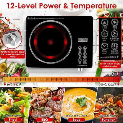 3500W Single Ceramic Electric Cooktop with 12 Power Levels & Timer