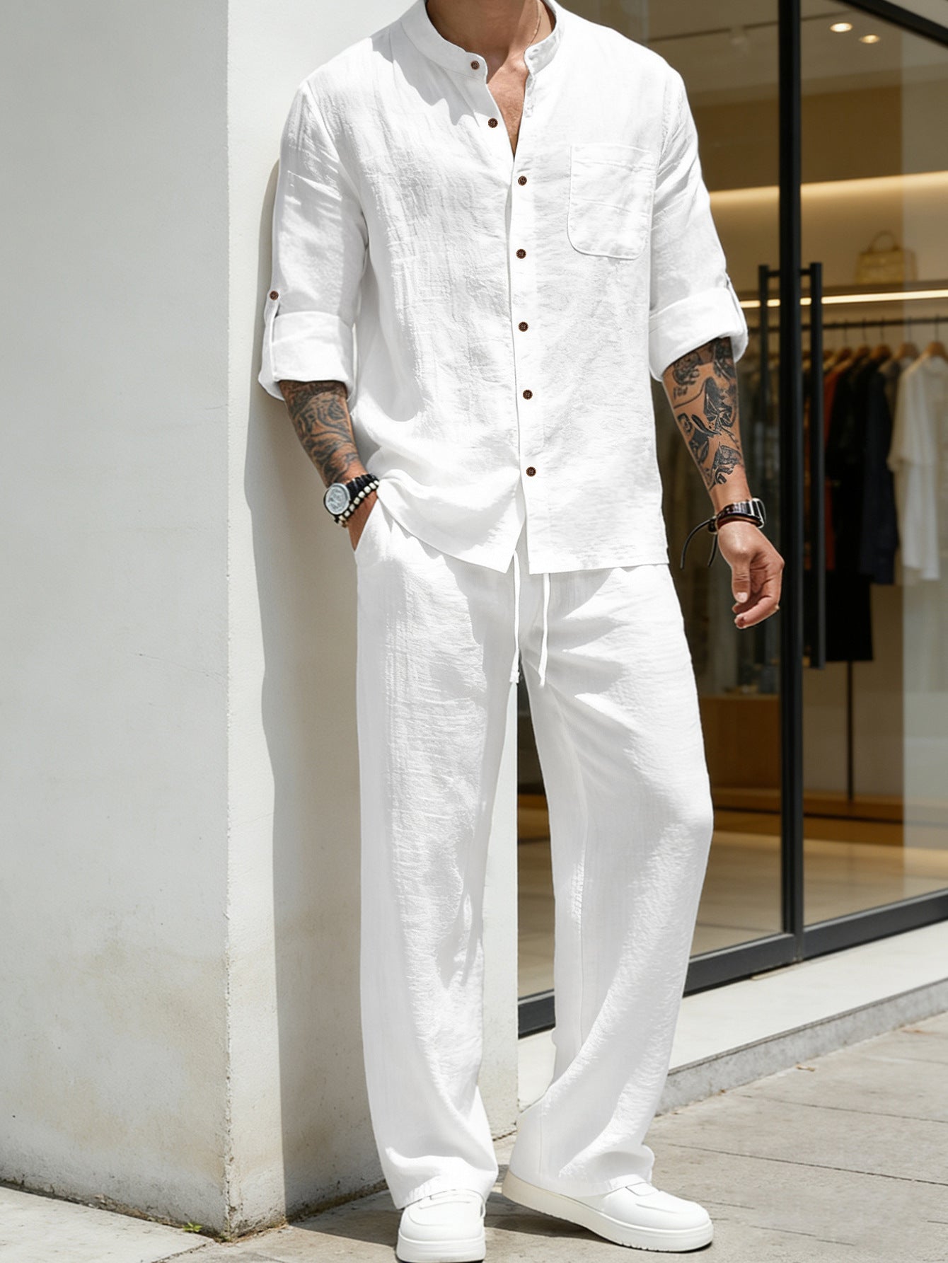 Mens Solid-Color Linen Long-Sleeve Shirt And Pants Two-Piece Set