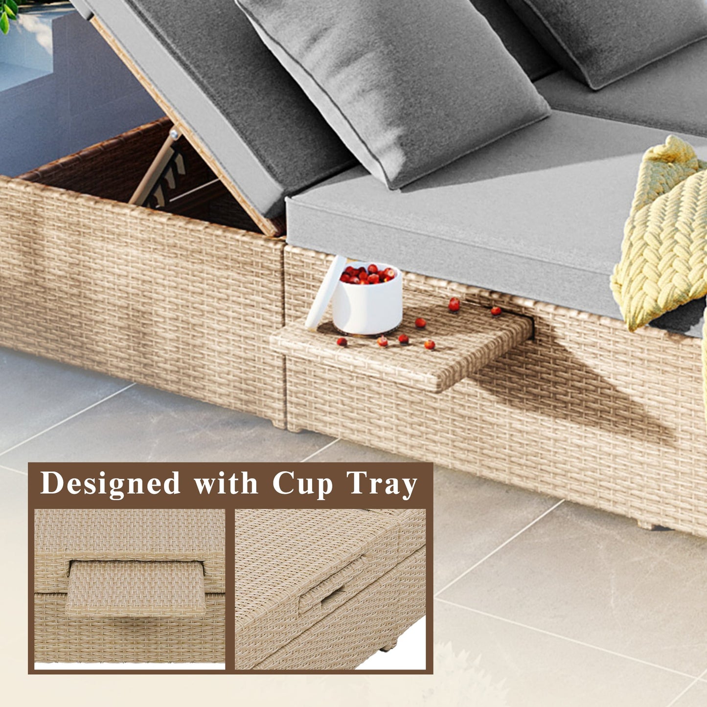 Outdoor Double Sunbed, Wicker Rattan Patio Reclining Chairs with Adjustable