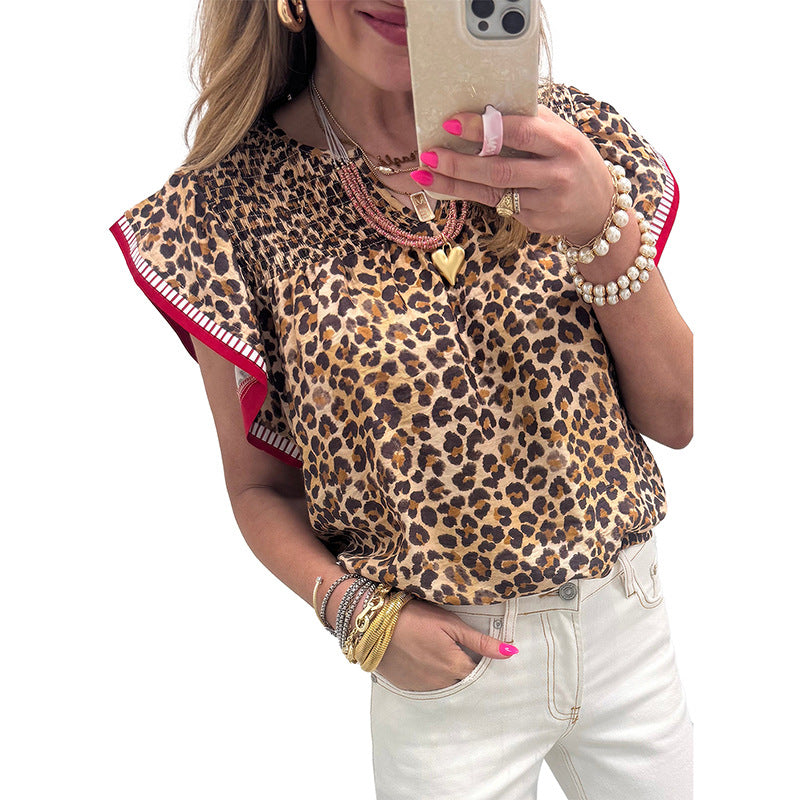 Womens Fashion Leopard-Print Ruffle-Trim Loose Chiffon Blouse