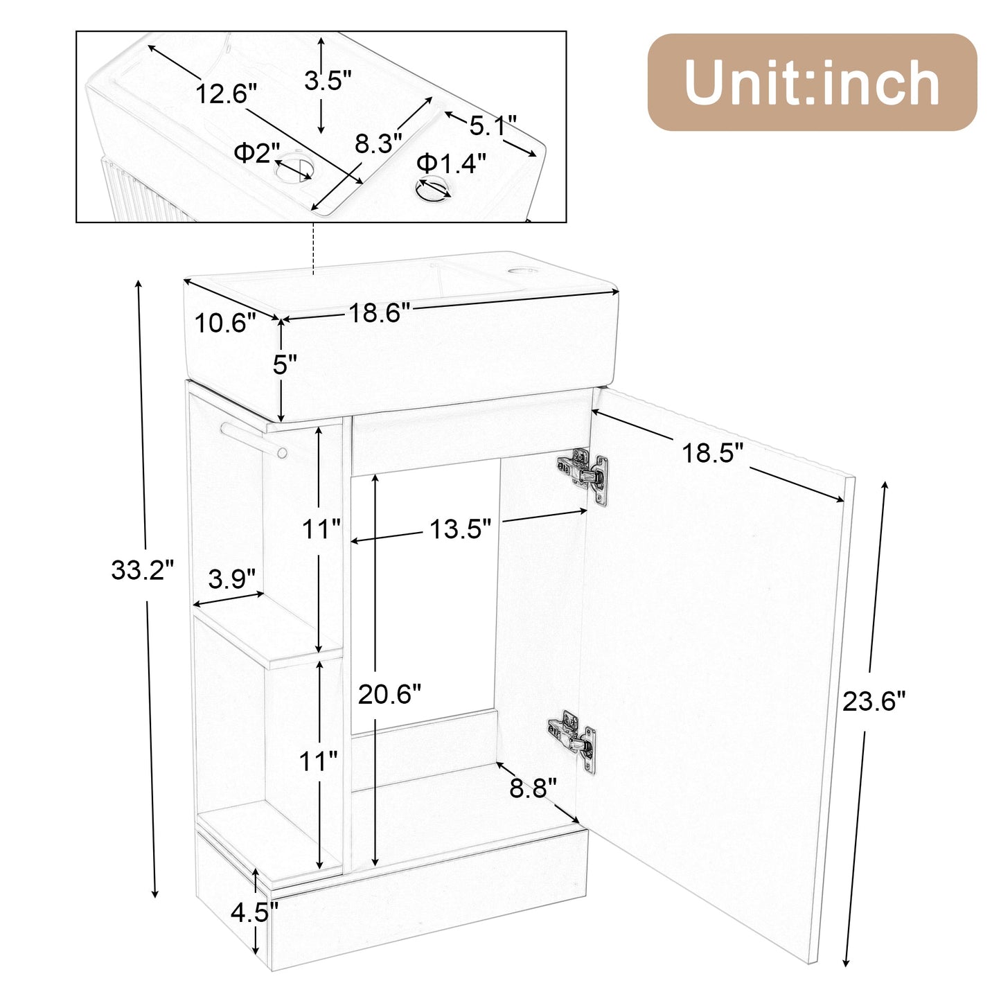 18.6' Bathroom Vanity with Sink, Bathroom Vanity Cabinet with Two-tier Shelf,...