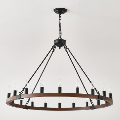 Chandelier Wood Wagon Wheel 20-Light Farmhouse Matte Black 39.3 In
