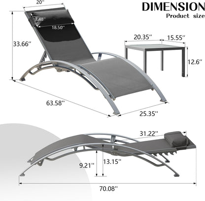 Outdoor Chaise Lounge Aluminum Textilene Dark Gray Set of 3 5-Position 350 LB