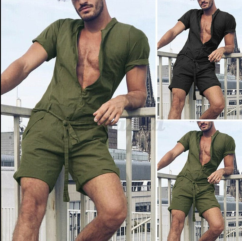 Solid-color Short-sleeve Jumpsuit For Men
