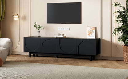 TV Stand Minimalist Black Particle Board Arch Doors Wood Legs Fits 78 In TV