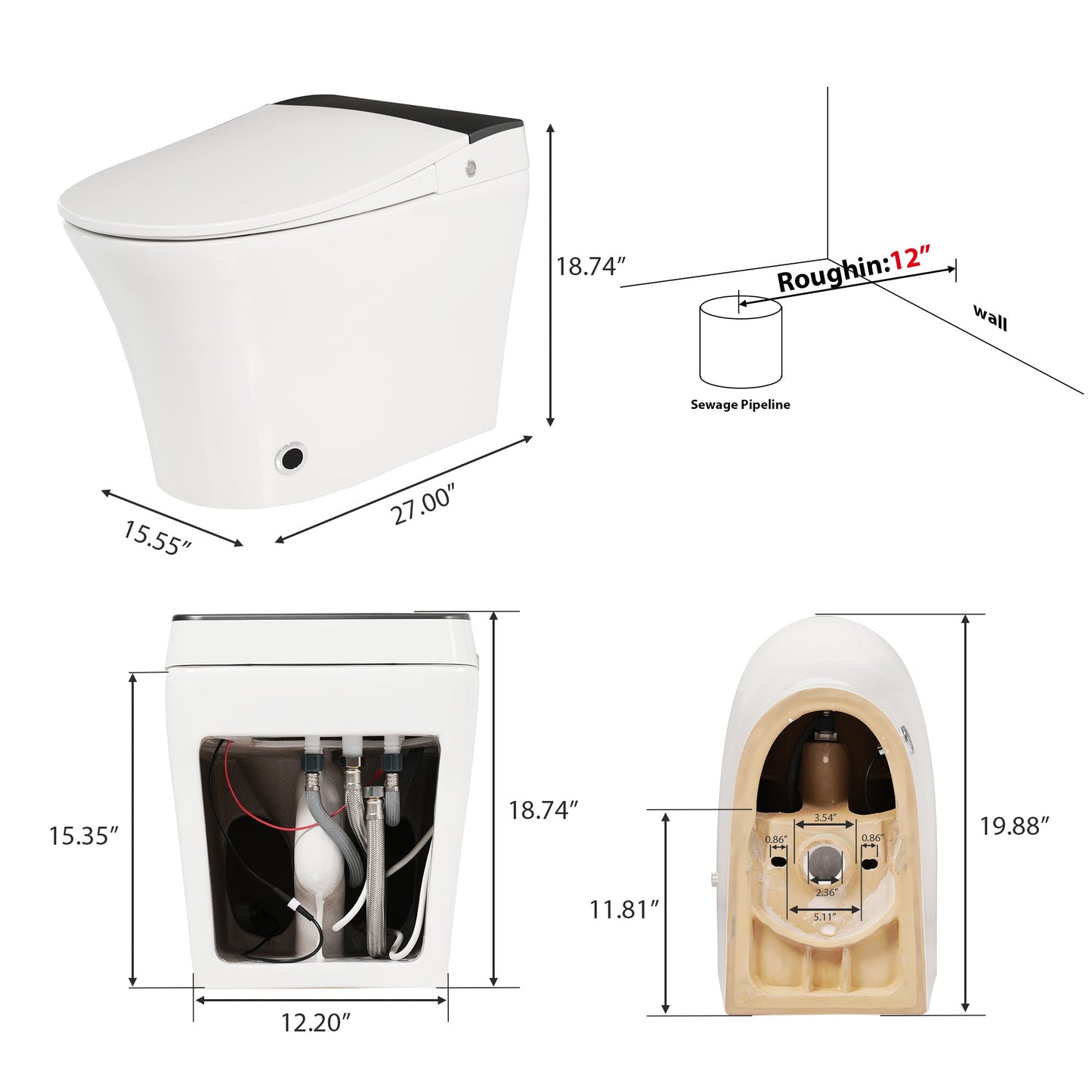 Heated Seat Smart Toilet, One Piece Toilet, Automatic Flush Tankless Toilet w...
