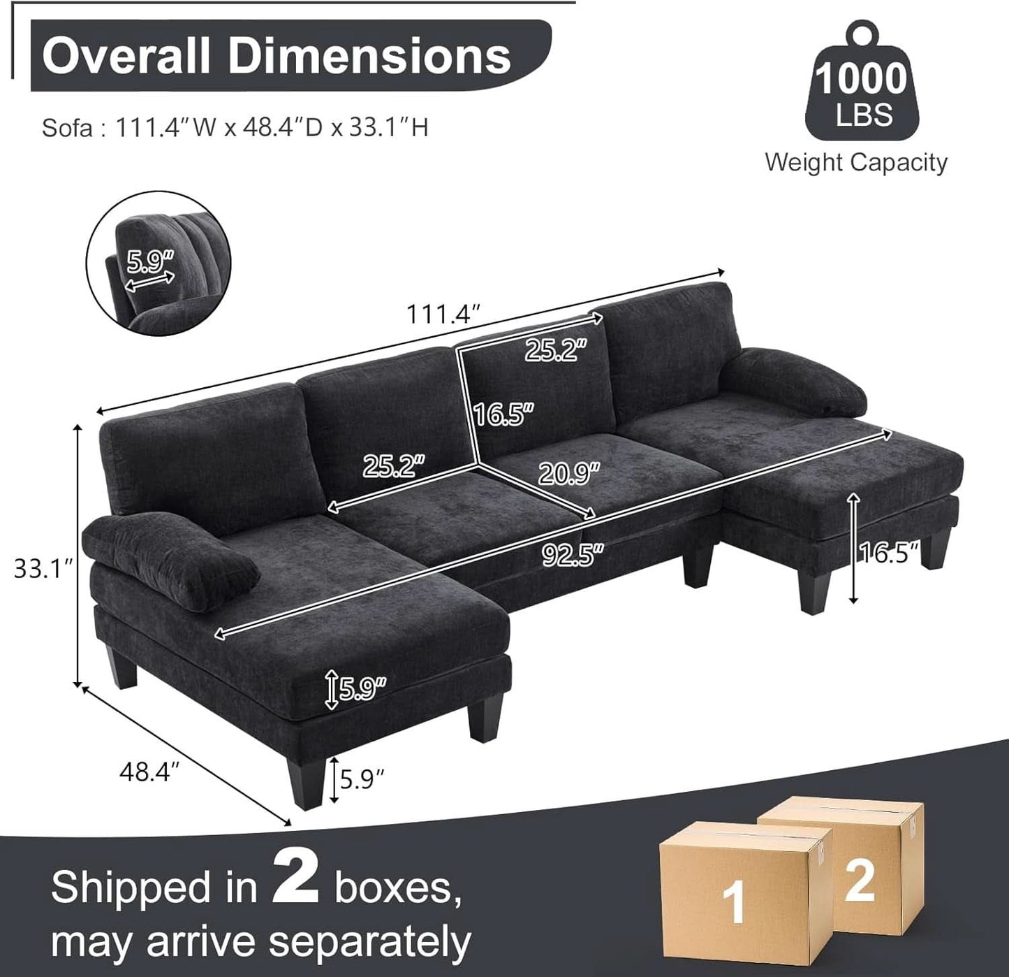 U Shape Sectional Sofa 111 Inch Black Living Room Setup