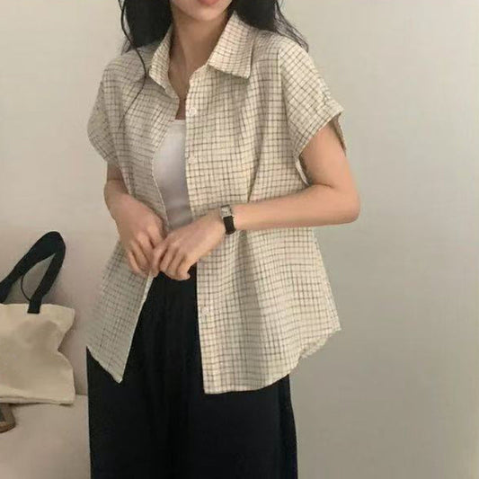 Womens Loose Korean-Style Retro Color-Block Plaid Short-Sleeve Shirt