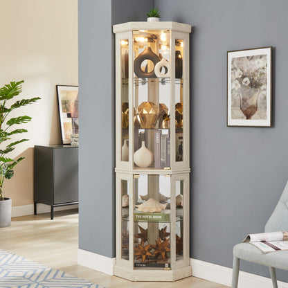 Lighted Corner Curio Cabinet Tall Display Case with Mirrored Back Glass Doors Adjustable Shelves White