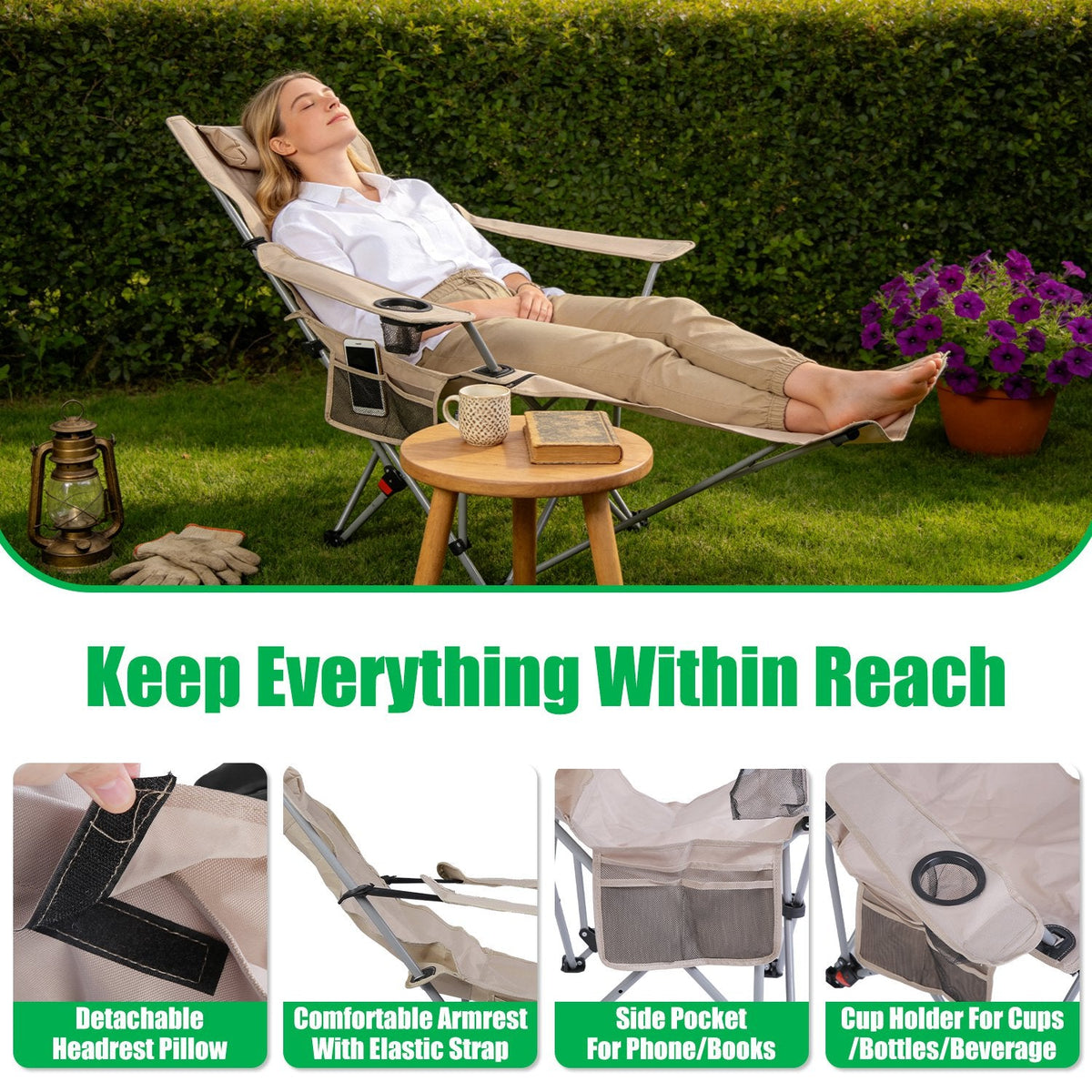 Reclining Camping Chair with Footrest – 4-Position Adjustable