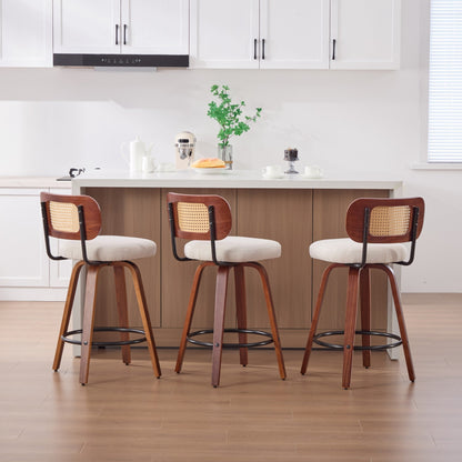 26-Inch Counter Height Bar Stools Set of 3, Walnut Black Cane Rattan Back, Beige