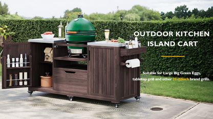 Outdoor Kitchen Island Grill Cart Fir Wood Stainless Steel 66.5