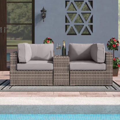Outdoor Loveseat Set Gray Wicker 3 Piece Cupholder