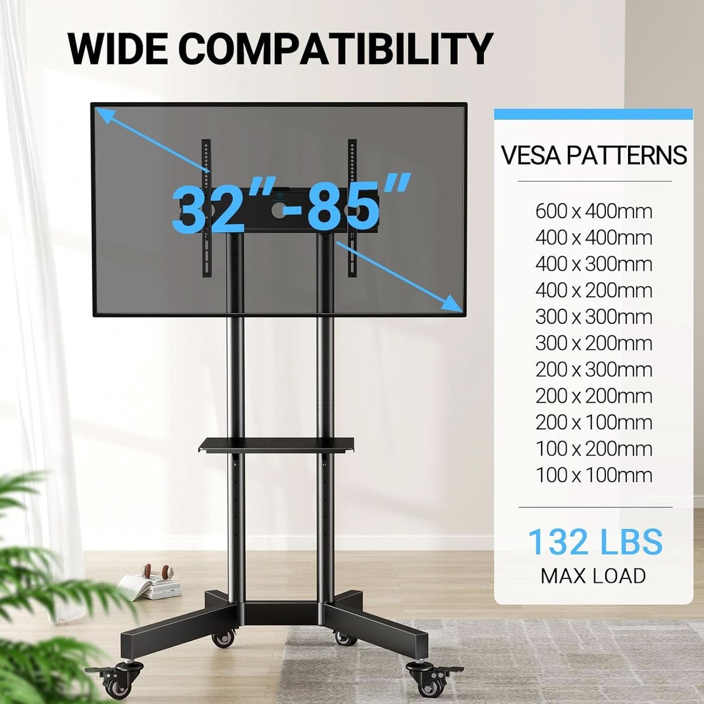 Rolling TV Stand For 32 To 85 Inch TVs Height Adjustable