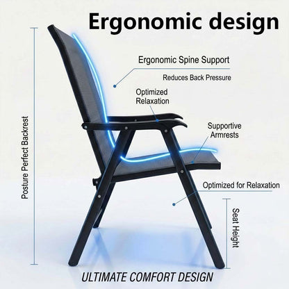 5 Piece Outdoor Dining Set Black Metal Square Table 4 Folding Chairs