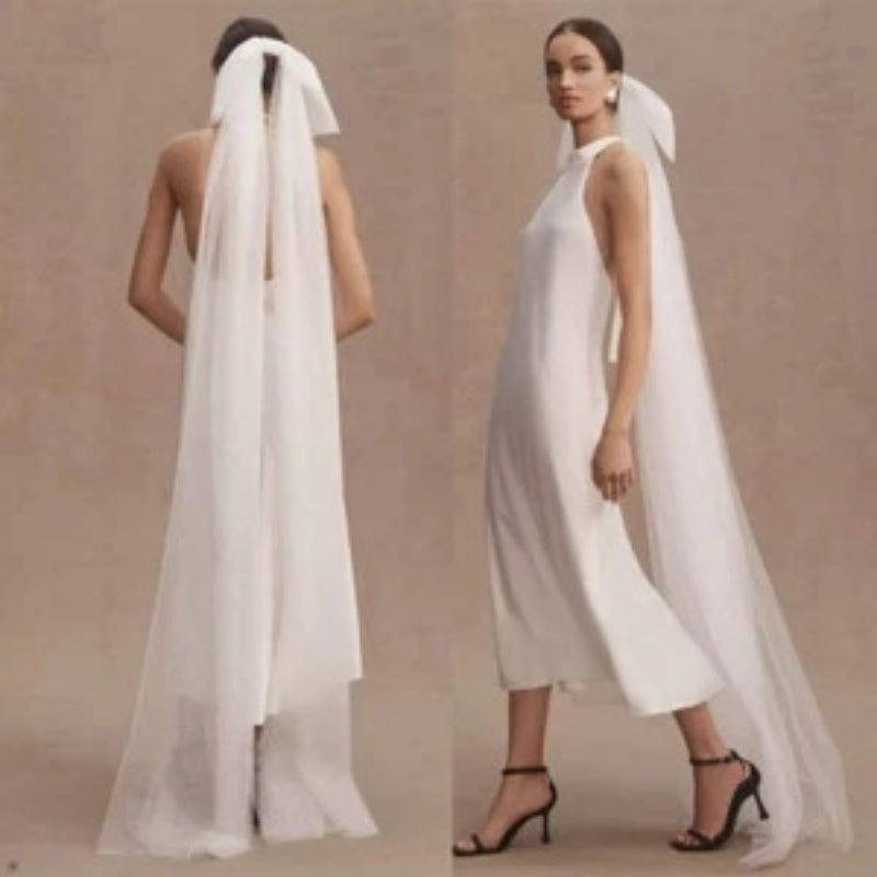 New Minimalist White Double-layer Tulle Bridal Veil With A Bow