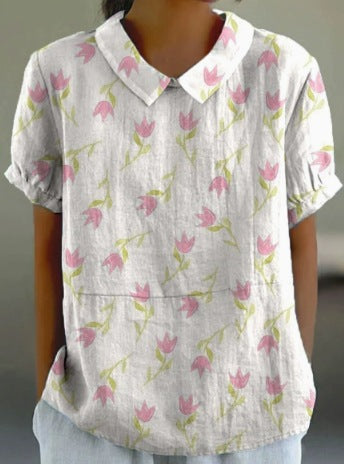 Stylish Digital-print Lapel Short-sleeve Shirt