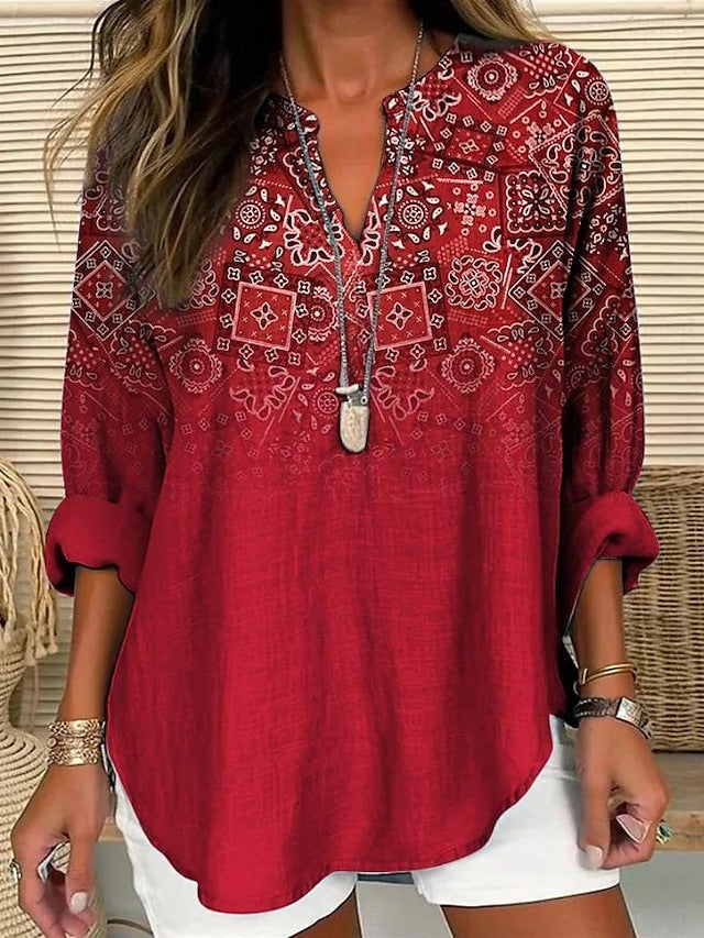 Womens Fashion Floral Print V-Neck Long-Sleeve T-Shirt