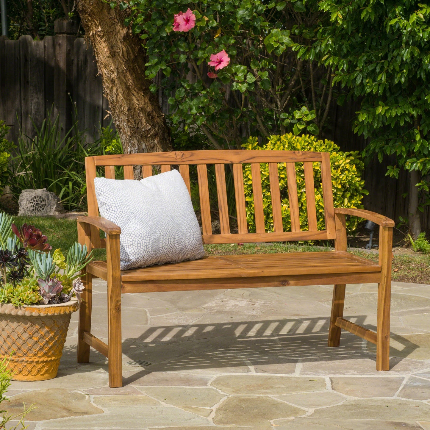 Outdoor Bench Acacia Wood Teak Finish Farmhouse Backrest 48.82x23.62 In 250 LB