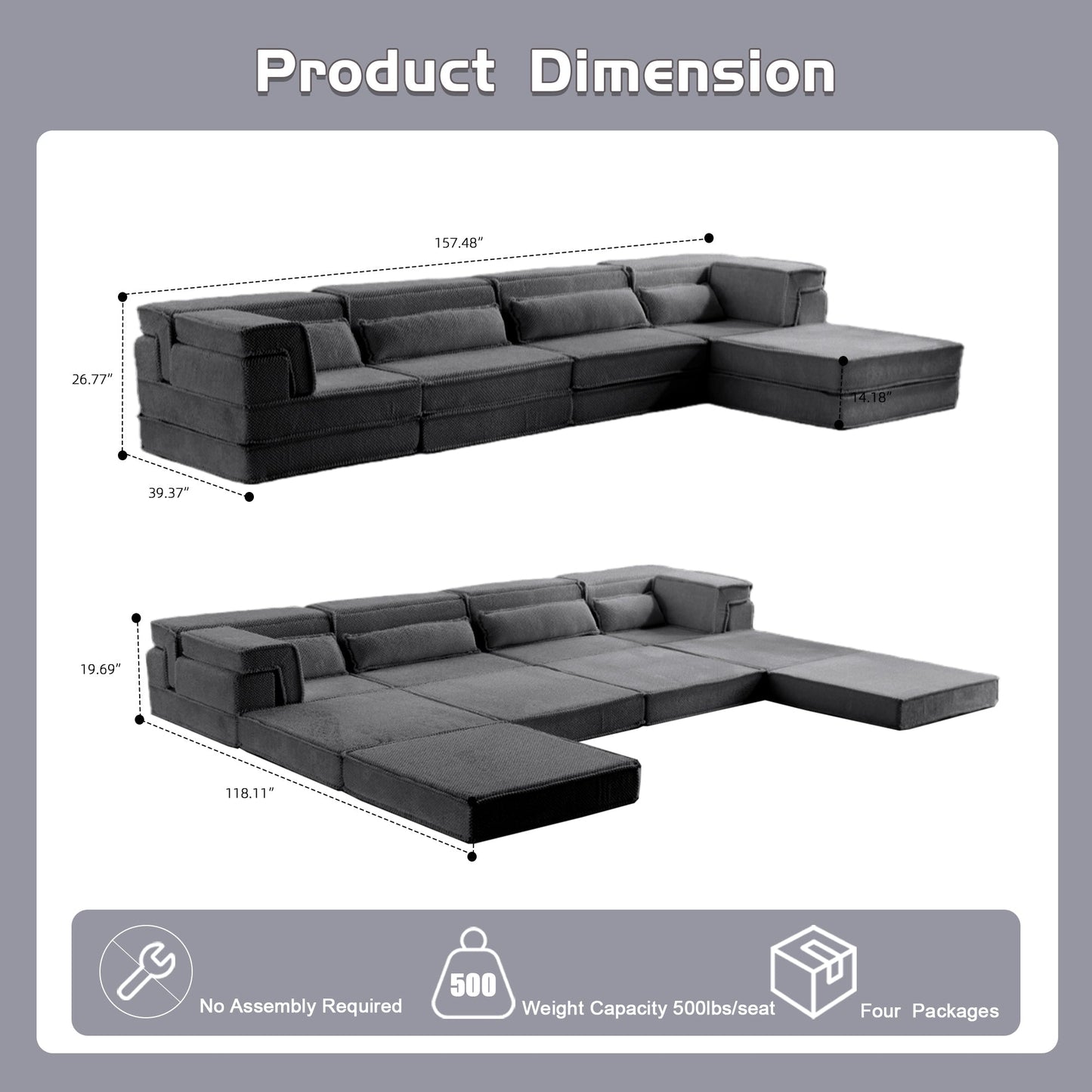 Sectional Sofa Modular Circle Fleece Dark Gray 4 Seat Ottoman 157 In