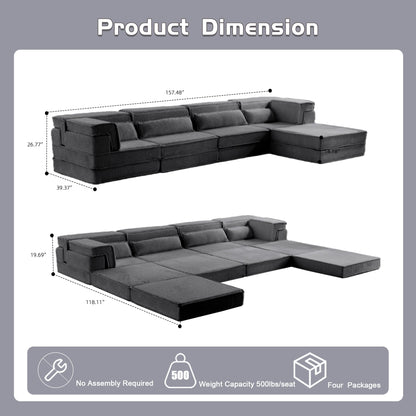 Sectional Sofa Modular Circle Fleece Dark Gray 4 Seat Ottoman 157 In