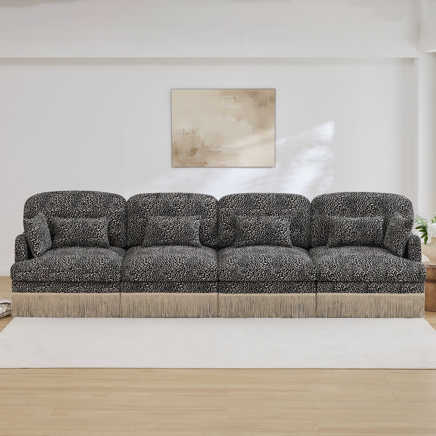 Sectional Sofa Modular Chenille Leopard Print Khaki 4 Seat Deep Seat