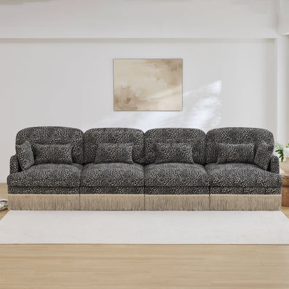 Sectional Sofa Modular Chenille Leopard Print Khaki 4 Seat Deep Seat