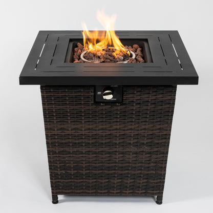 28 Inch Black Wicker Outdoor Propane Gas Fire Pit Table Steel Top 50000 BTU