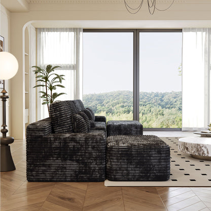 Sectional Sofa U-Shape Corduroy Black 6 Seat USB Bluetooth 150 In