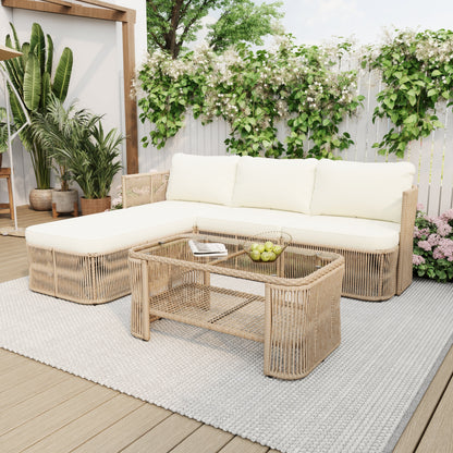 Outdoor Patio Set PE Rattan Iron Dark Beige Modular Glass Table