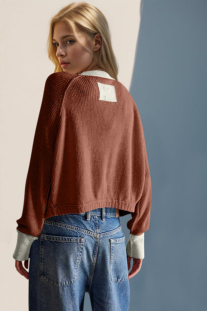 Back To School Sweater - Double Take Contrast Button Up Long Sleeve Cardigan