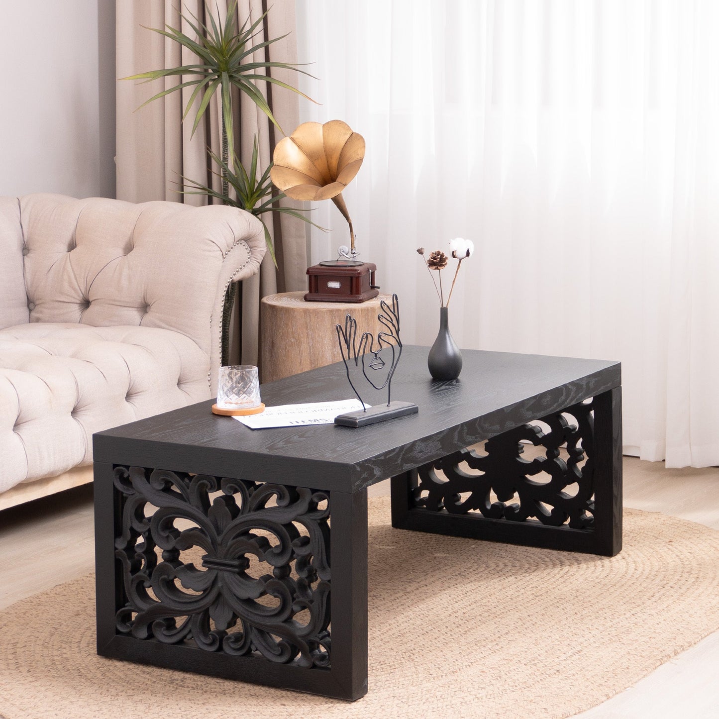 47.2 in Solid Black Carved Wood Coffee Table, Handcrafted Ornate Side Panels