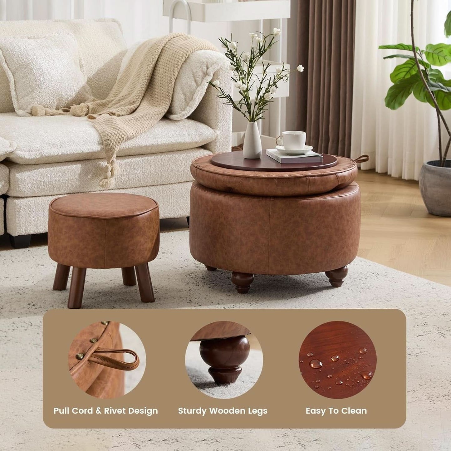 Twenty FourInch Round PU Leatherette Storage Ottoman