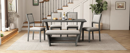 6-Piece Retro Dining Table Set for 6, 60' Wood Kitchen Table and Chairs Set of